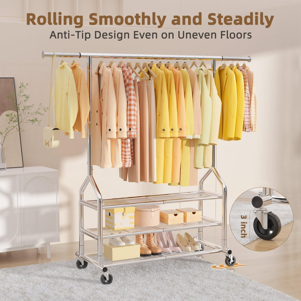 EAGMAK Heavy Duty Clothes Rack Load 688 LBS, Rolling Clothing Rack With 3 Shelves, Adjustable Metal Clothes Hanger with Wheels Portable Wardrobe Organizer Garment Rod for Hanging Clothes (Silver)