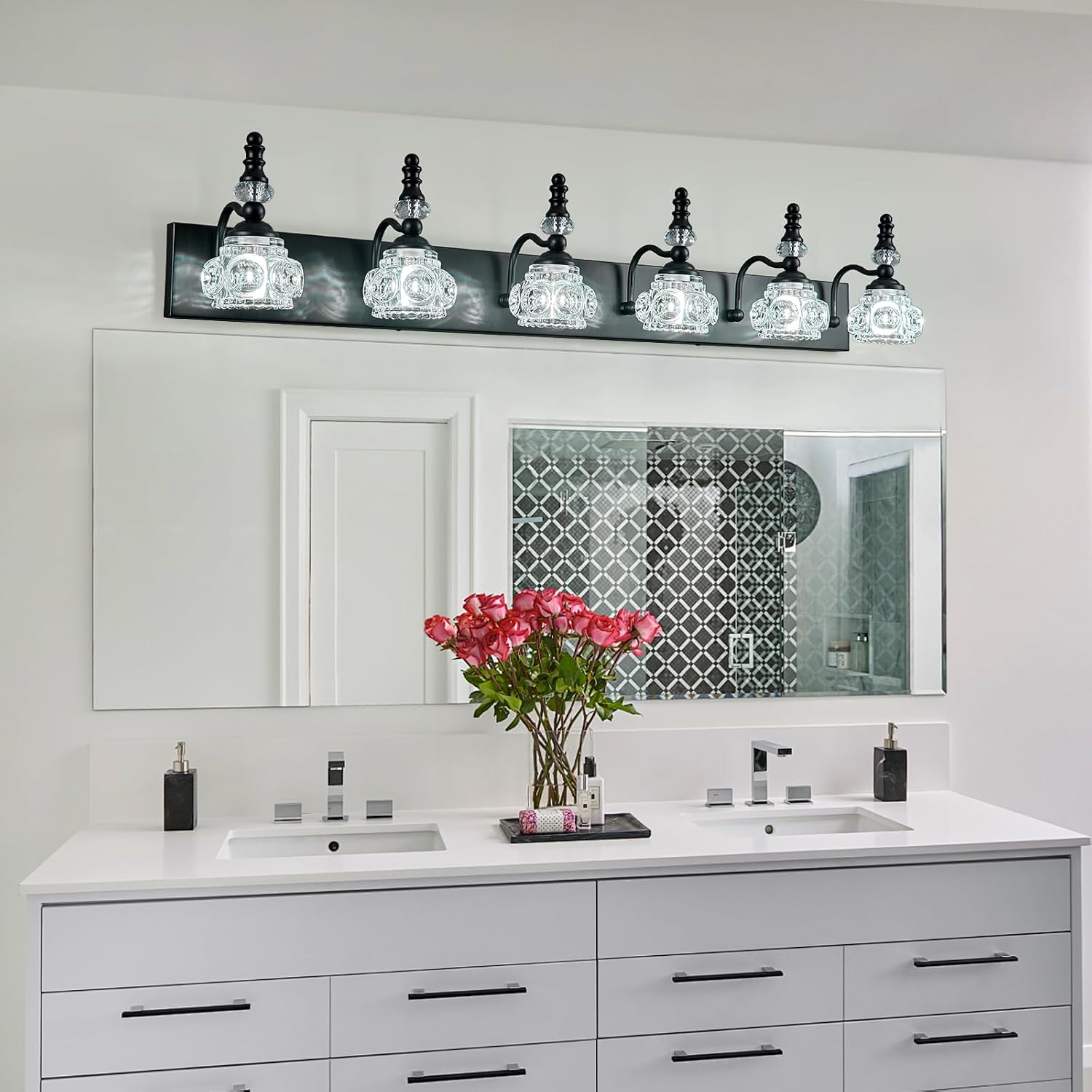 Modern Crystal Bathroom Vanity Light Black Vintage Bathroom Light Fixtures 6-Lights Glass Crystal Vanity Lights