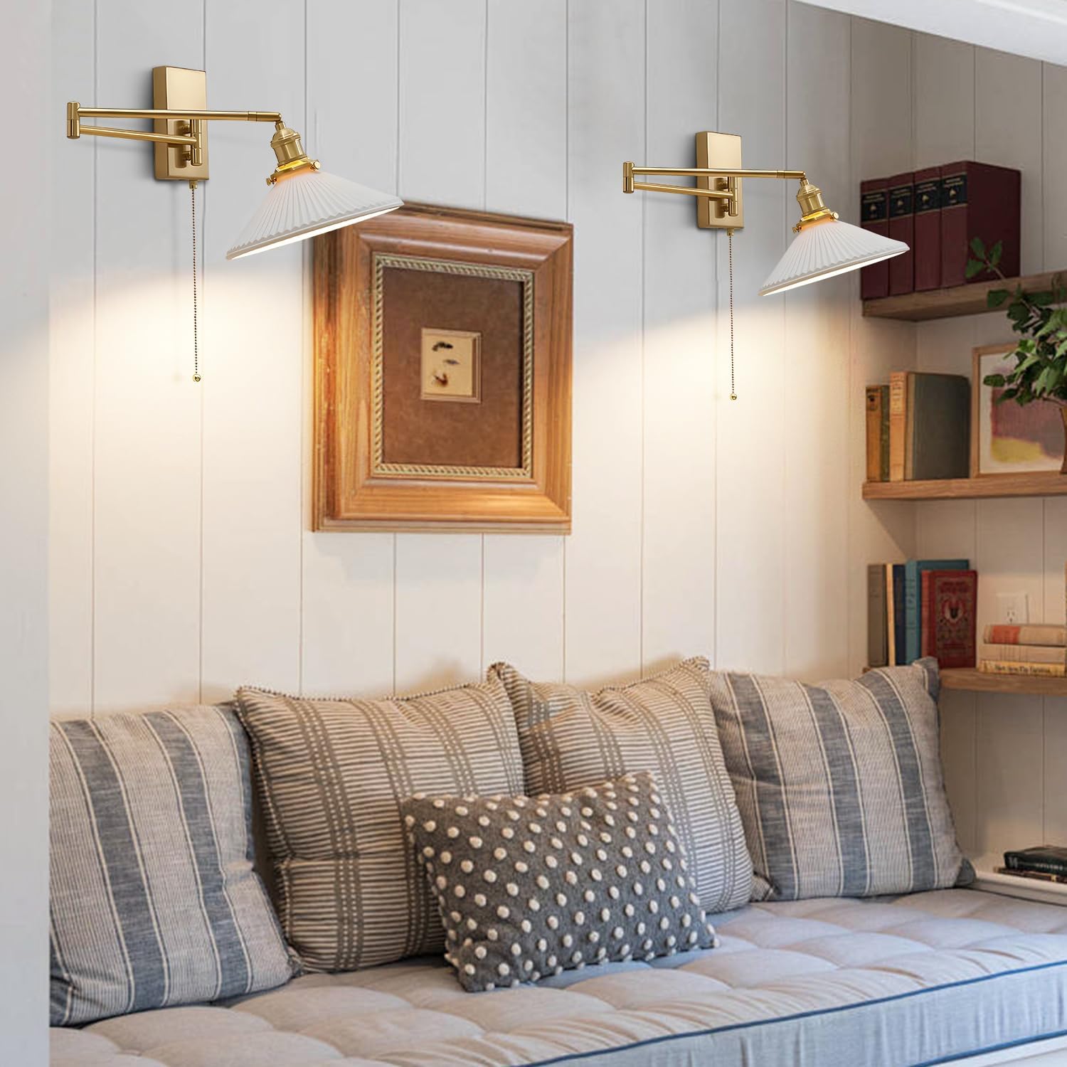 Swing Arm Sconces 2pk, Brushed Gold Hardwired Wall Lamp Pull Chain | Adjustable swing arm wall sconces in brushed gold with frosted glass; 180° rotation for bedside and vanity use; E26 base