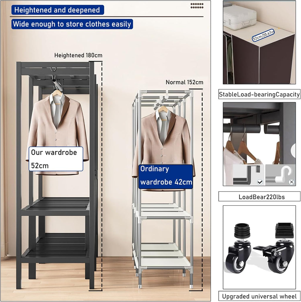 Heavy Duty Clothes Rack With Magnetic Door, Load 1500lbs, Foldable Portable Wardrobe Closet, Hanging Clothing Metal Garment Rack Closet System For Bedroom,Apartments,Rentals(Brown KT, 168cm/66in)