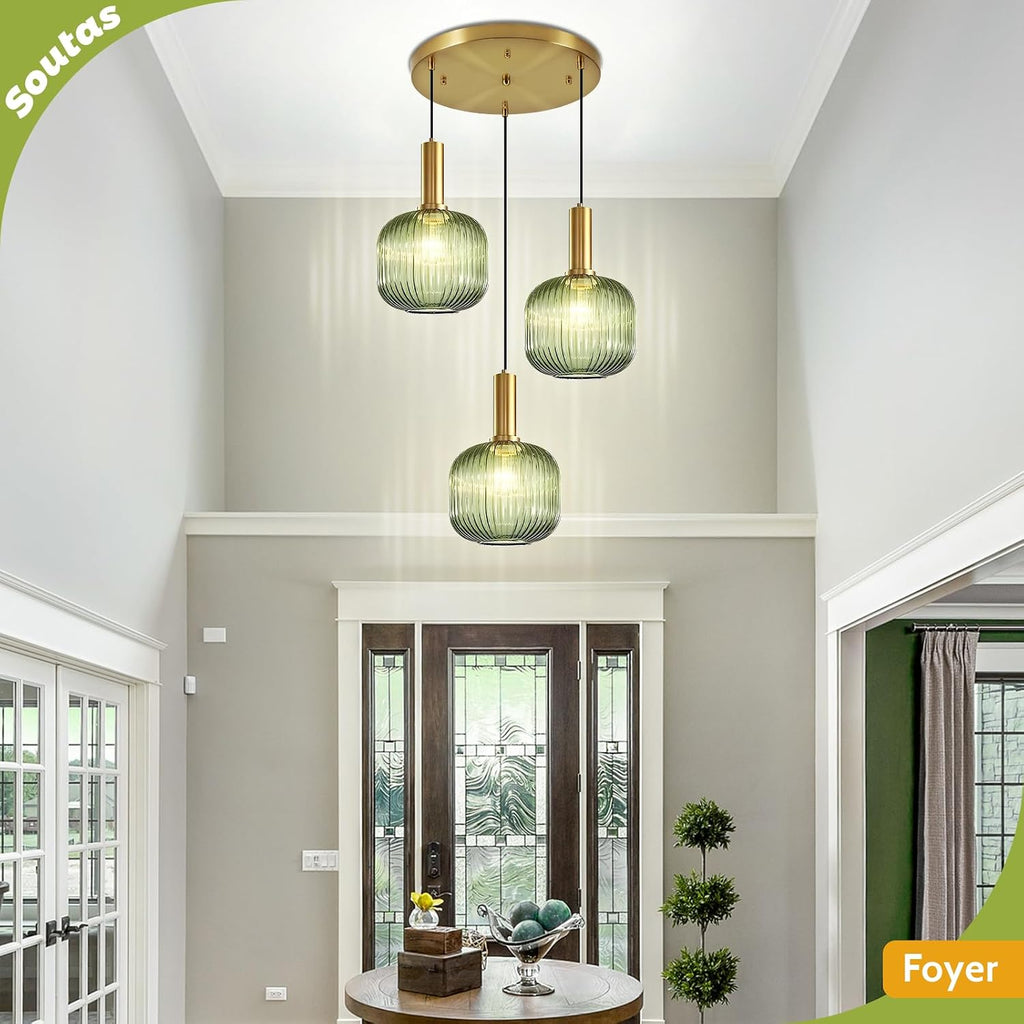 3-Light Dining Room Chandelier Lighting Green Glass Cluster Ceiling Light with Gold Metal Accent, Mid Century Vintage Chandelier for Farmhouse Stairwell Kitchen Island