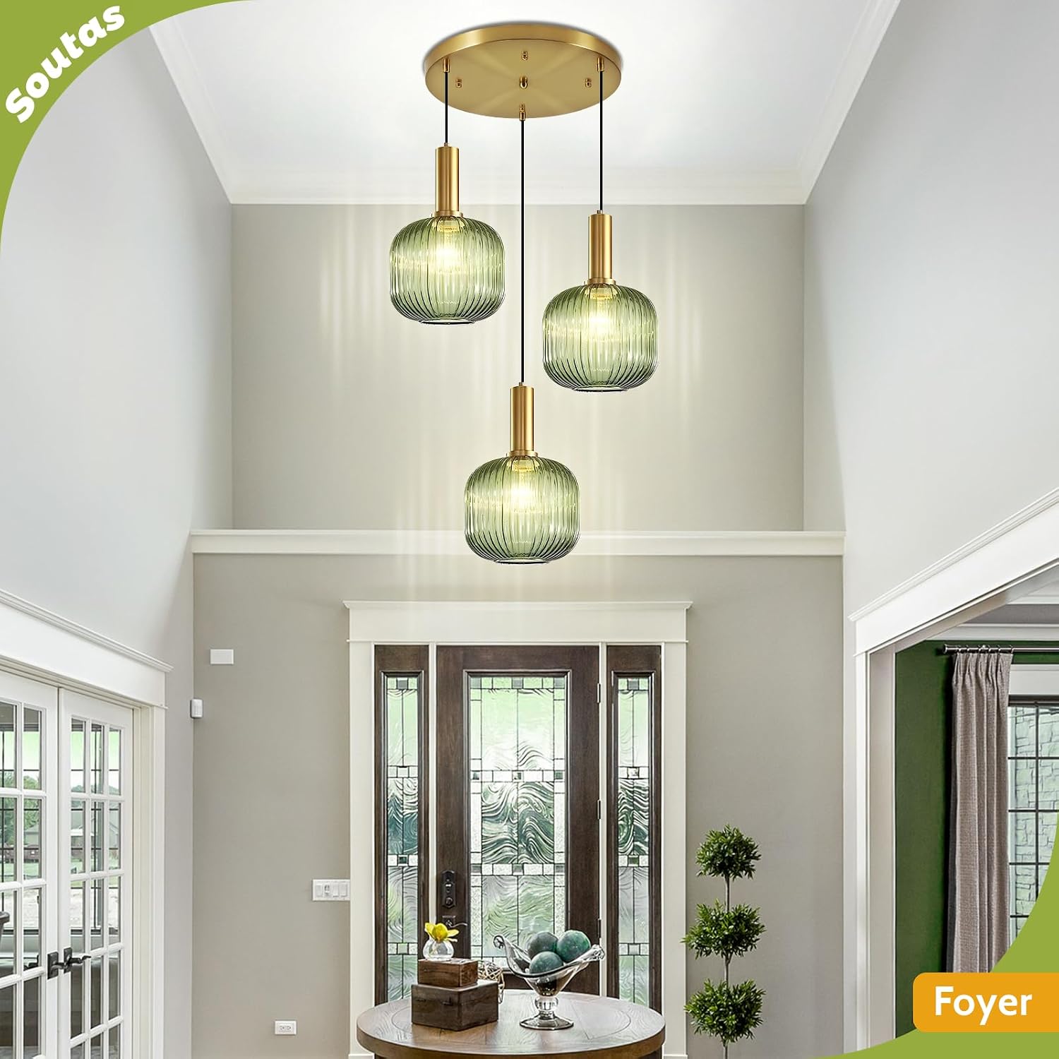 3-Light Dining Room Chandelier Lighting Green Glass Cluster Ceiling Light with Gold Metal Accent, Mid Century Vintage Chandelier for Farmhouse Stairwell Kitchen Island