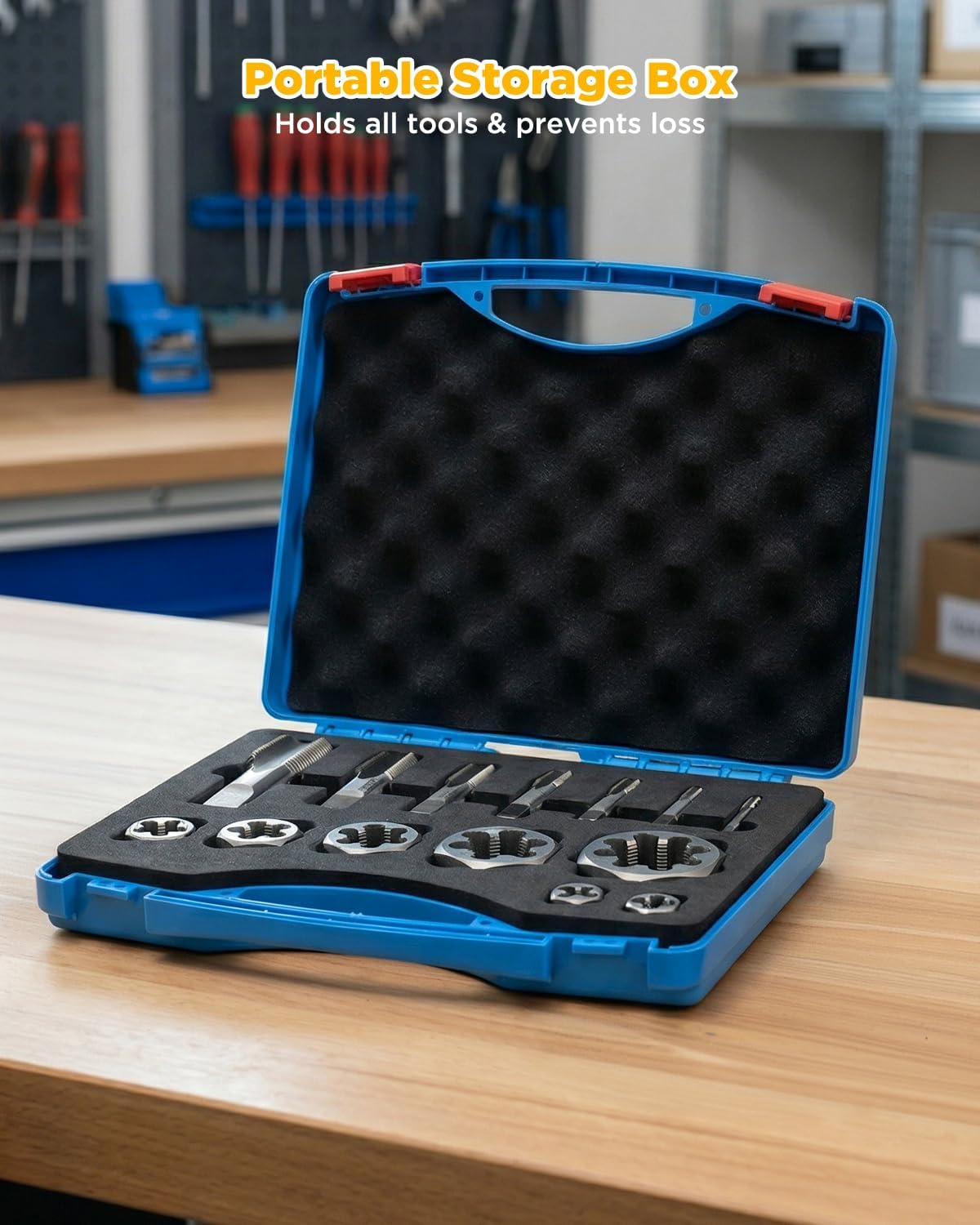NPT Pipe Tap and Die Set 1/16', 1/8', 1/4', 3/8', 1/2', 3/4' and 1', Rethreading High Speed Steel Taper Taps and Carbon Steel Hex Dies with Portable Blue Storage Box (14 Pcs)