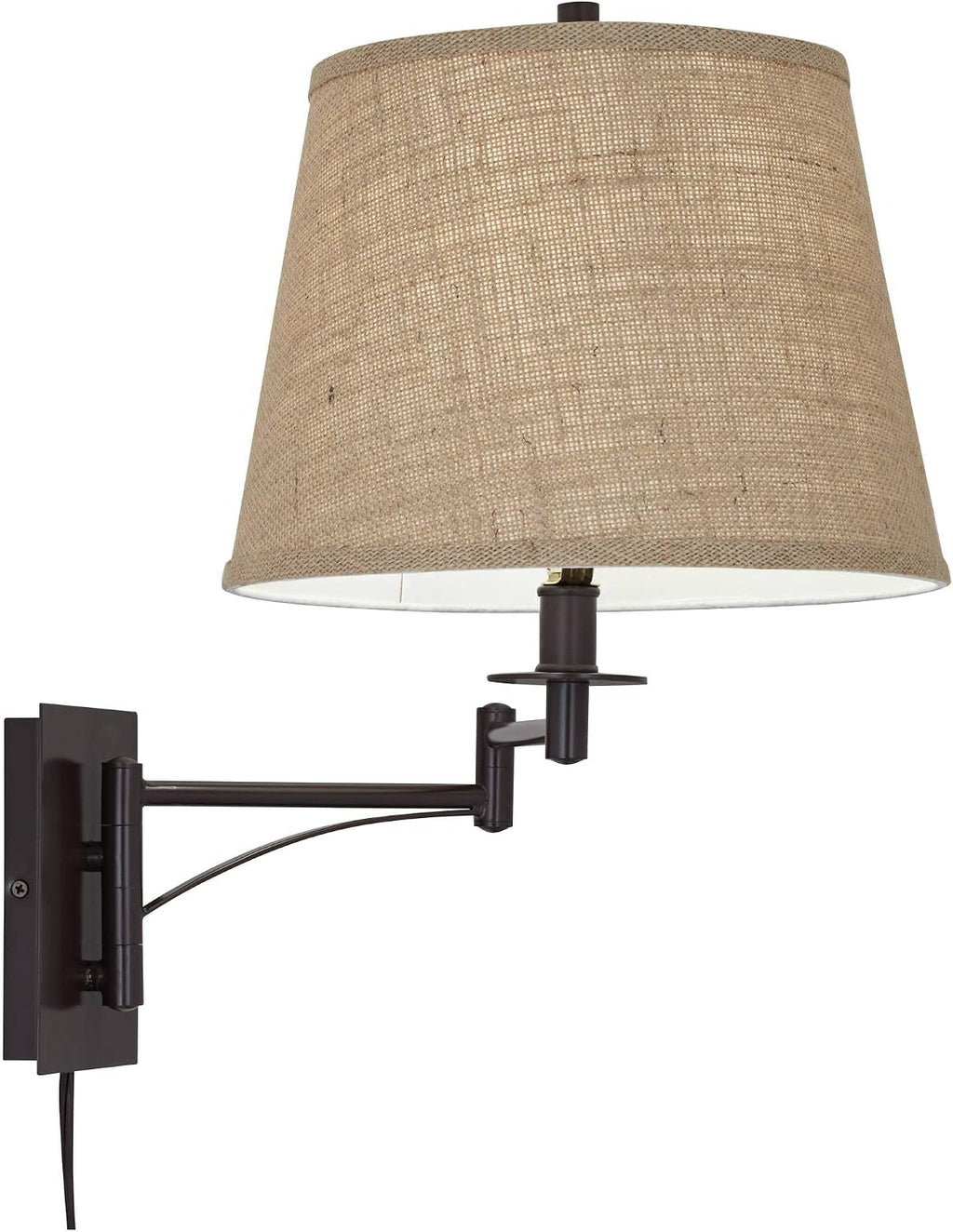 Franklin Iron Works Brinly Farmhouse Rustic Swing Arm Wall Lamps Set of 2 Matte Brown Metal Plug-in 12' Fixture Burlap Hardback Drum Shade for Bedroom Bedside Living Room Hallway Reading