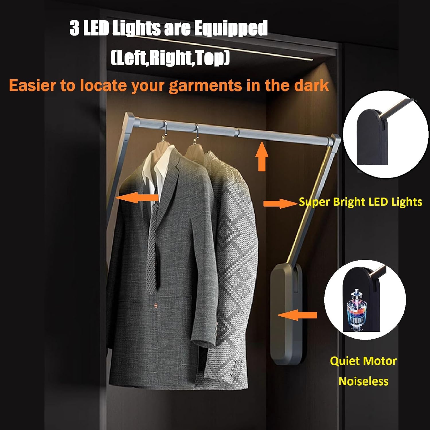 60' Electric Lifting Closet Rod,66lb Load Capacity,Stainless Steel Customized 23.6-60in Width Wardrobe Lift Organizer for Hanging Clothes,Touch Switch Clothes Lifting Rack for Closet System