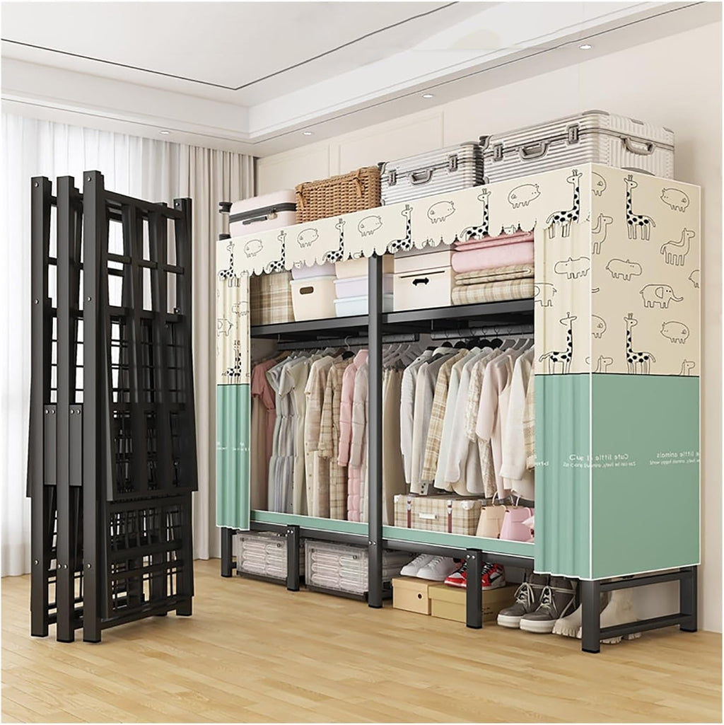 Foldable Clothe Rack With Cover, Heavy-Duty Portable Wardrobe Closet, Garment Rack For Hanging Clothes, Clothing Coat Storage Rack, For Bedroom(Green,113cm/44.5inch)