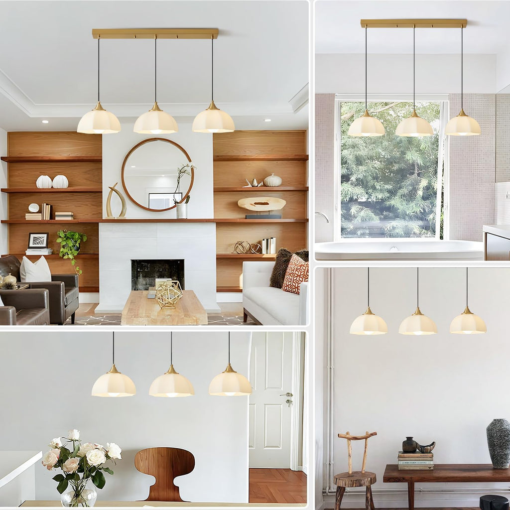 Modern 3 Light Pendant Lighting Gold Linear Dining Room Light Fixture Milk Glass Linear Chandelier Brass and White Pendant Lights Kitchen Island 3 Bulb Hanging Ceiling Light MPL17-3S GD