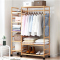 Coat Rack, Bamboo Clothes Rack Open Frame Bamboo Garment Wardrobe Organizer Large Cabinet Hanging Rails With 360°rotation 4 Wheels For Dress Pants Shoes Hats Natural