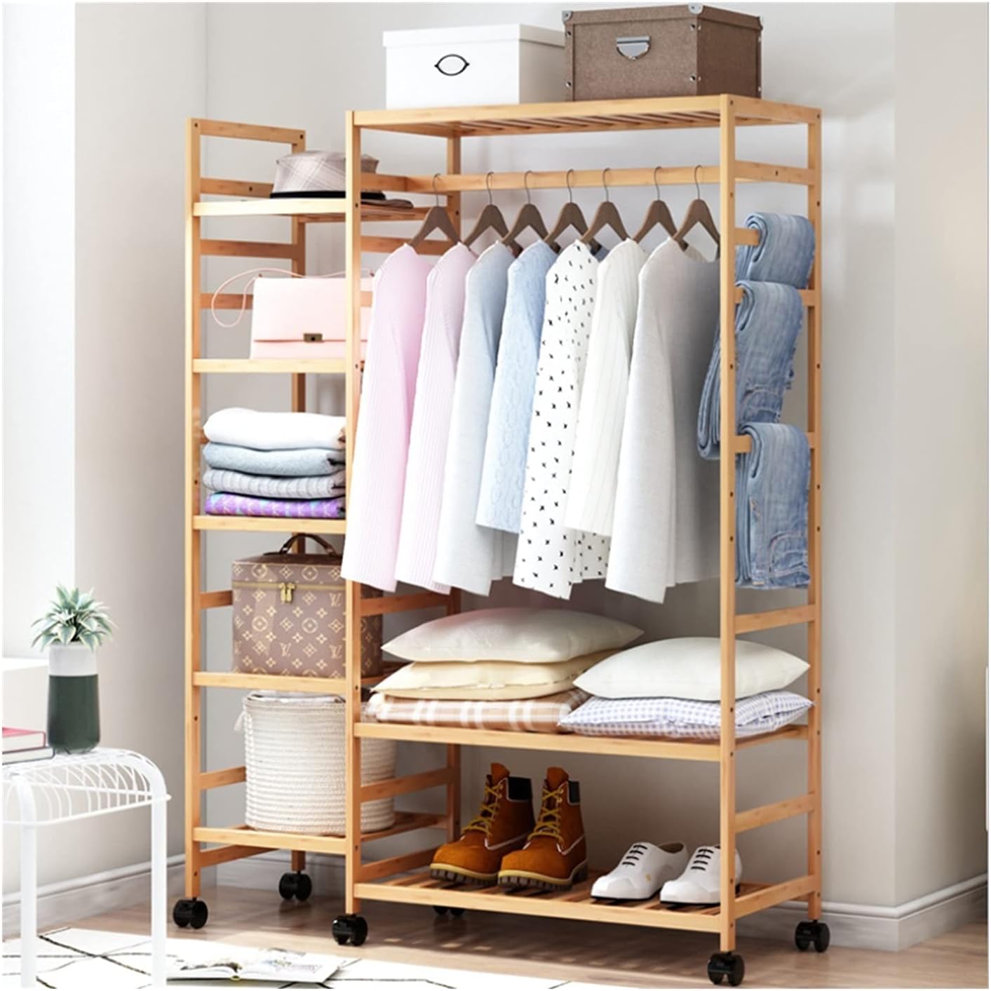 Coat Rack, Bamboo Clothes Rack Open Frame Bamboo Garment Wardrobe Organizer Large Cabinet Hanging Rails With 360°rotation 4 Wheels For Dress Pants Shoes Hats Natural