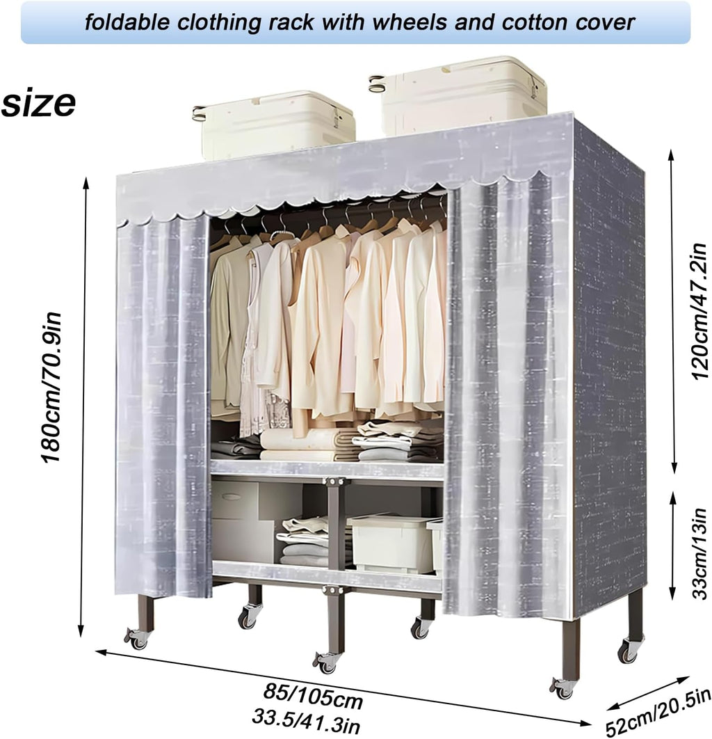 Heavy Duty Rolling Covered Metal Garment Rack with Lockable Wheels and Door, Load 2000lbs, Portable Closets for Hanging Clothes, Large Capacity 360°Enclosed Clothing Racks (A, 33.5in/85cm)
