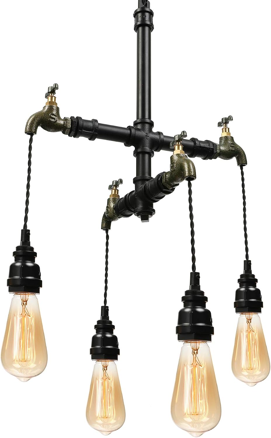 4-Light Antique Industrial Tap Wrought Iron Pendant Chandelier Lighting Vintage Steampunk Water Pipe Shaped Retro Loft Hanging Lamp Fixture Rustic Lighting 444813