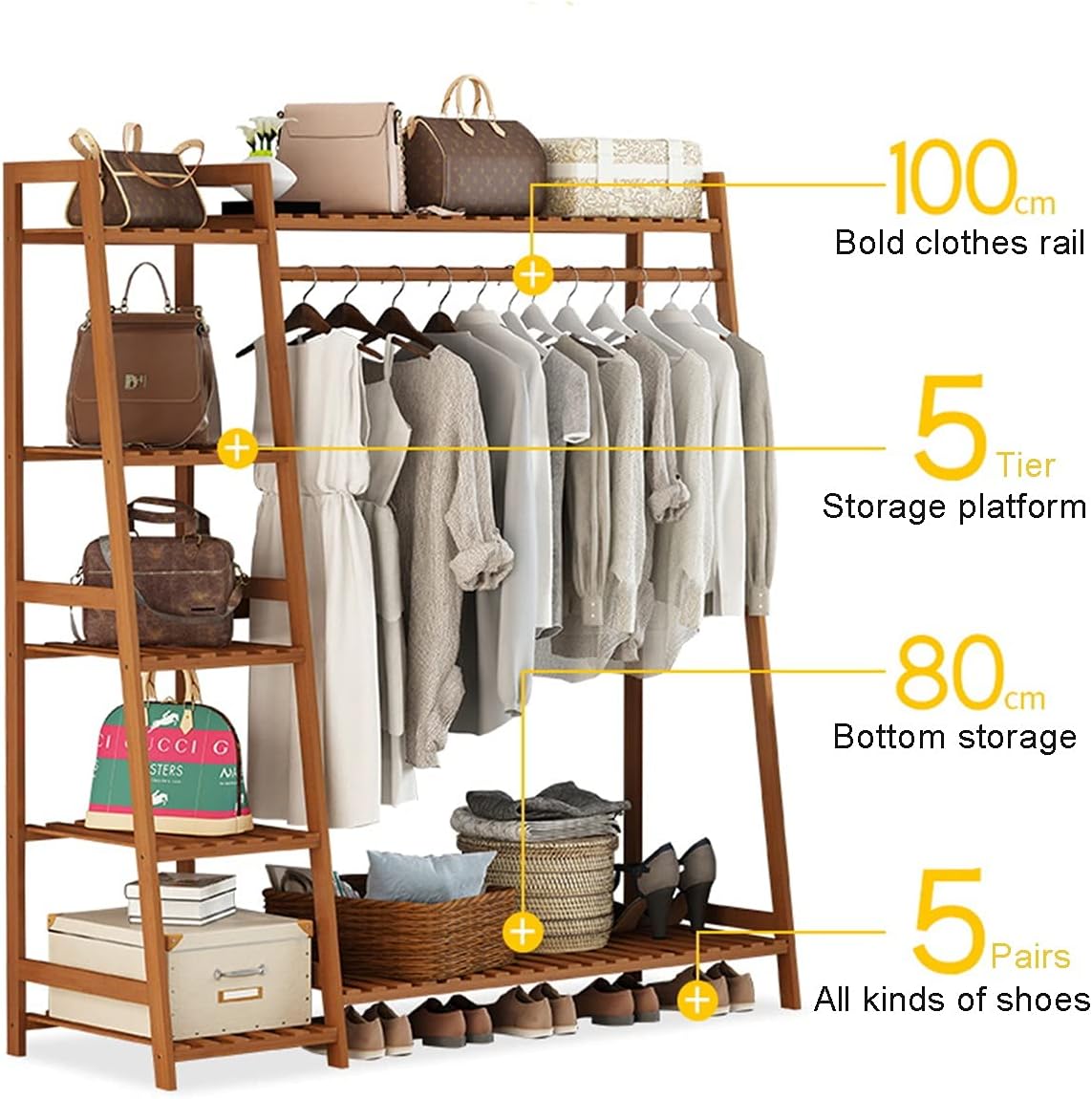 Coat Rack, Bamboo Garment Rack 7 Tier Storage Shelves Clothes Hanging Rack Heavy Duty Clothing Rack Multipurpose Open Wardrobe Closet Organizer Stable Structure