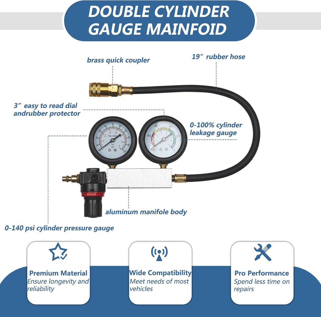 Dual Gauge Leakdown Detectorol Set Cylinder Leak Downster Kit for Pressure Check & Leakage Ratest Gasoline Engine Compression Leakdown Detector Leakagest Set