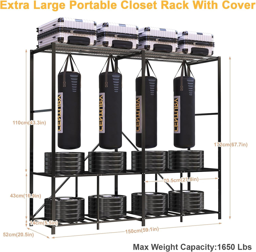 Heavy Duty Foldable Portable Wardrobe with Cover, Black Gray, 59.1' L x 70.9' H x 20.5' W, Freestanding Storage Clothes Rack for Bedroom