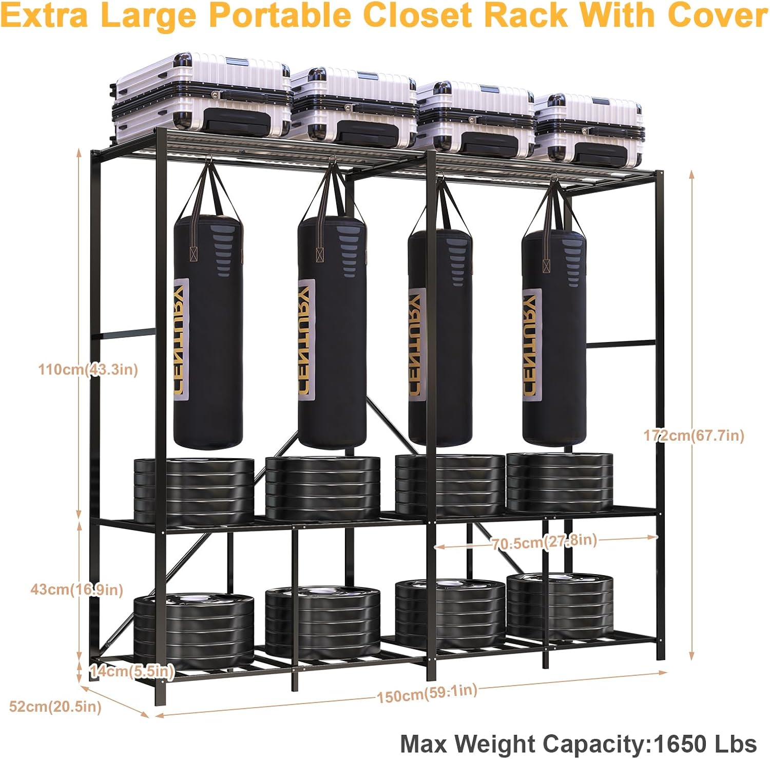 Heavy Duty Foldable Portable Wardrobe with Cover, Black Gray, 59.1' L x 70.9' H x 20.5' W, Freestanding Storage Clothes Rack for Bedroom