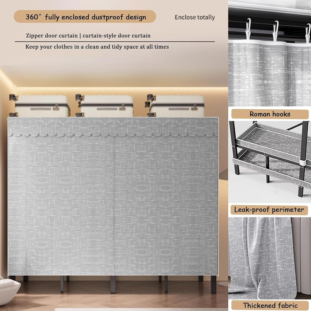 Wardrobe Clothes Organizer - Heavy Duty Portable Wardrobe Closet Rack Foldable Clothe Rack With Cover Freestanding Garment Rack For Hanging Clothes Large Capacity Enclosed Metal Clothing Rack(242*52*1