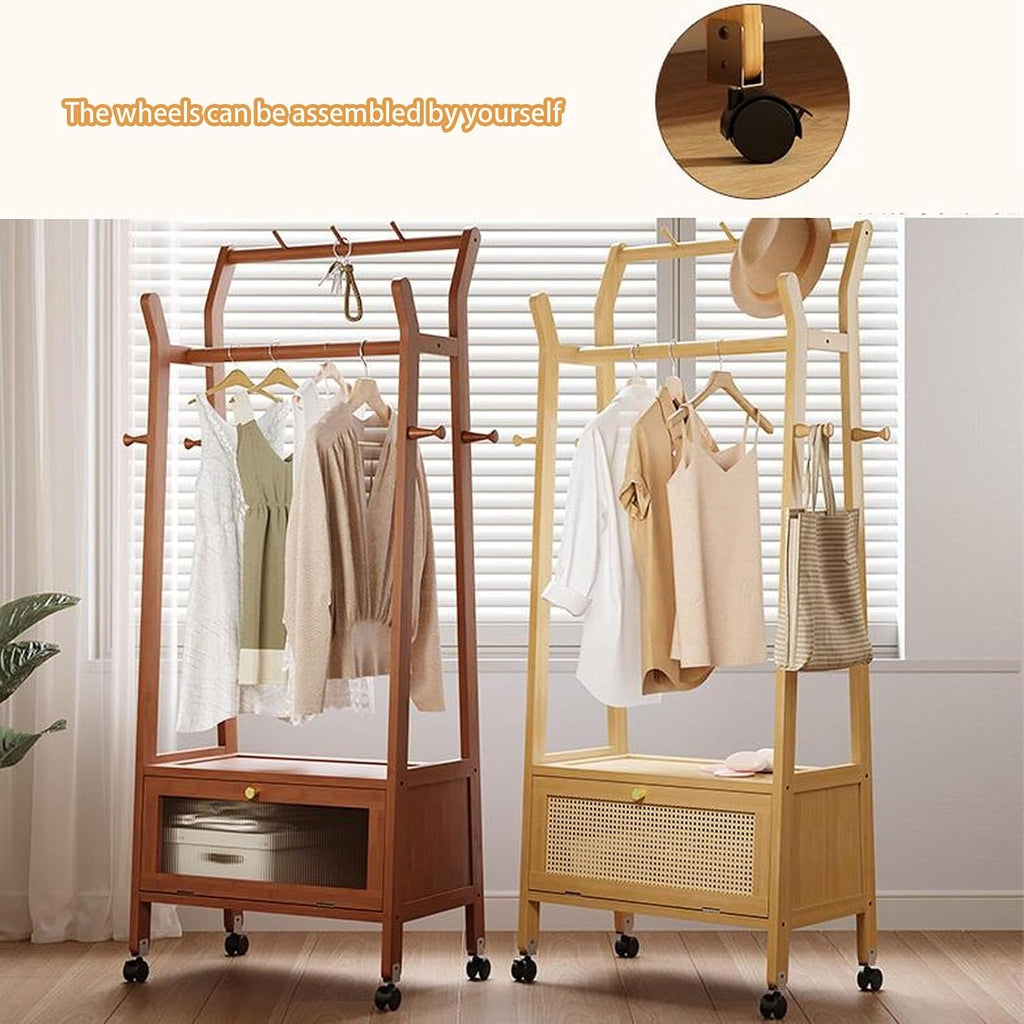 Clothes Rack, Garment Rack, Bamboo Clothing Rack, Clothing Rack with Storage, Open Wardrobe, Wooden Clothing Racks for Hanging Clothes, Suitable for Entrances, Bedrooms(Brown,52cm/20.4in)