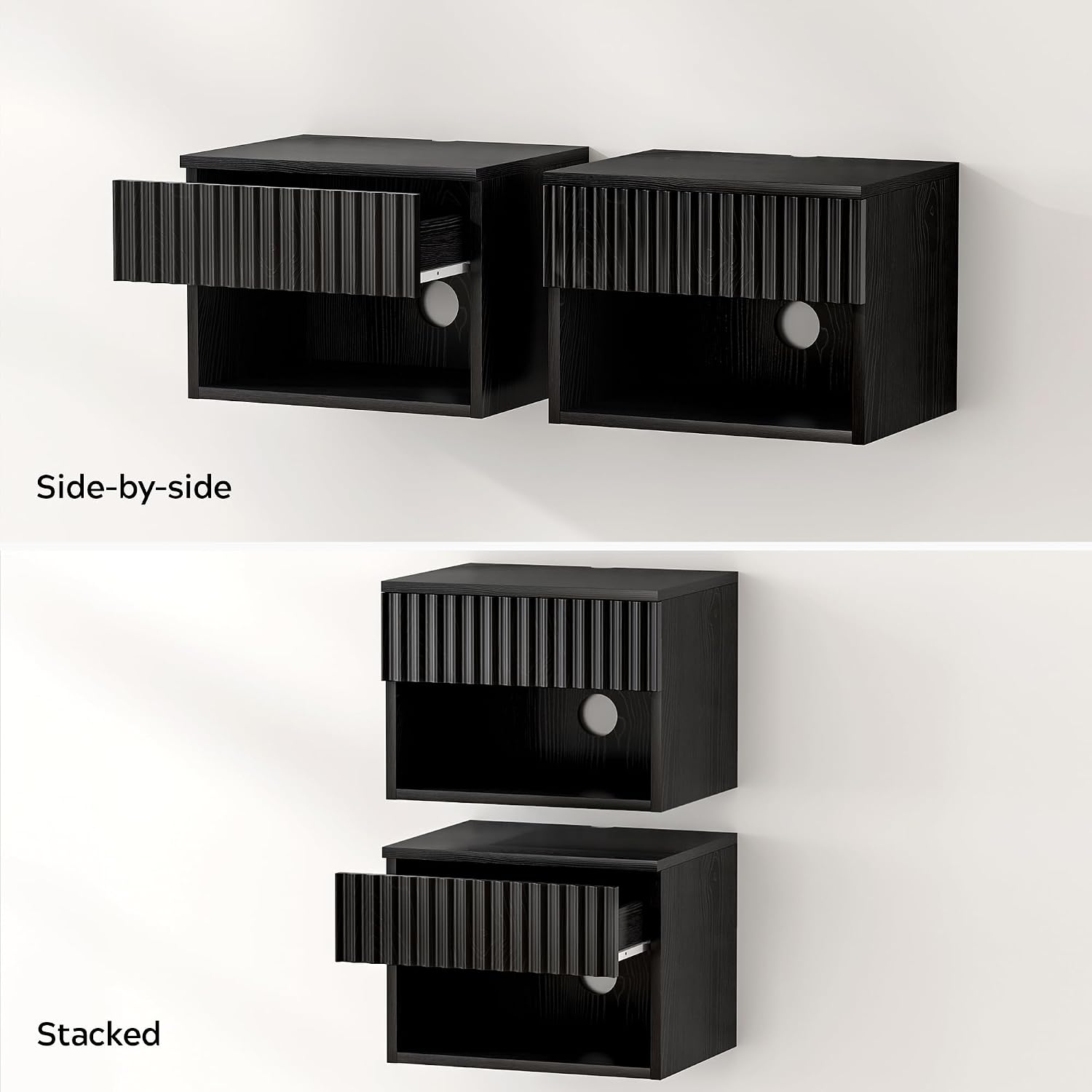 EYYTHUNG Fluted Floating Nightstand Set of 2 with Drawer, Modern Night Stand with Fluted Door and Open Storage Shelf Wall Mounted Bedside Table for Bedroom, Entryway Black
