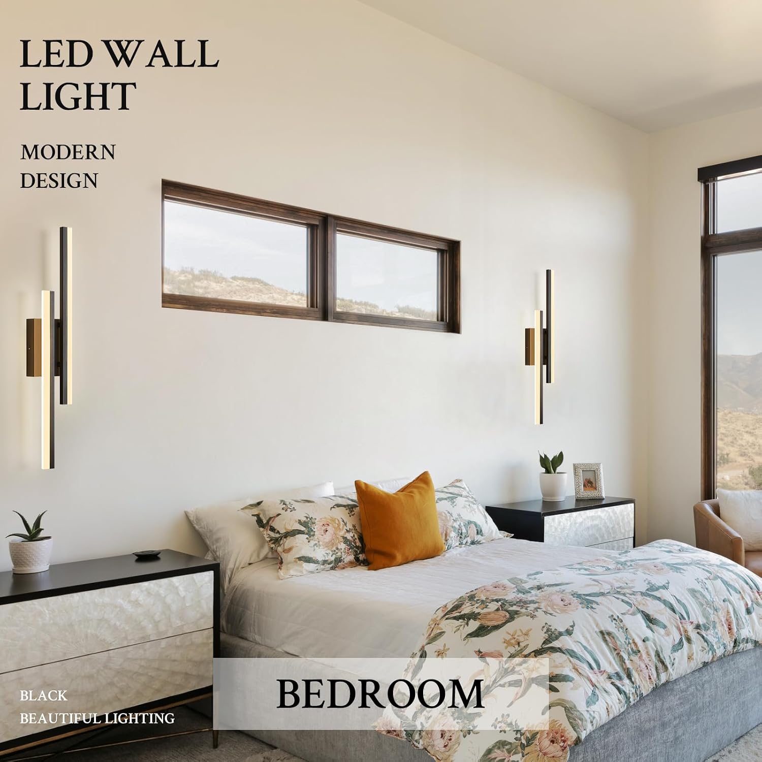 LED Wall Sconce Set of 2 Black Remote Modern LED Vanity Lights Set of 2 Indoor Wall Light Fixtures for Living Room, Dimmable Wall Sconce for Bedside Bedroom Bathroom, L23.6inch 2 Pack