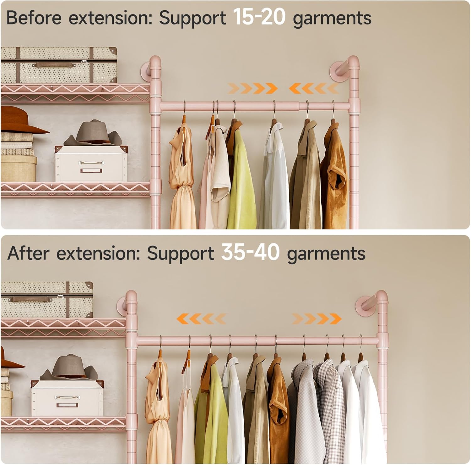 ONBRILL H3 Wall Mounted Closet System, Expandable Industrial Pipe Clothes Rack Clothing Rack for Hanging Clothes, Heavy Duty Closet Organizers and Storage in Wardrobe Closet, Pink