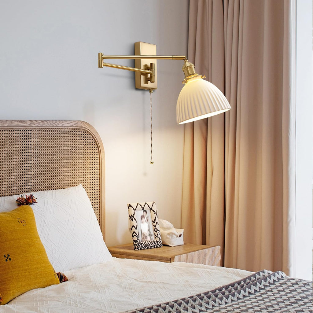 Gold Wall Sconces Set of 2 Modern Bathroom Sconces Wall Lighting Brushed Brass Wall Mount Light Fixture Milk Glass Swing Arm Wall Sconces with Pull Chain Bedroom Hardwired Wall Lamps MWL14D-2