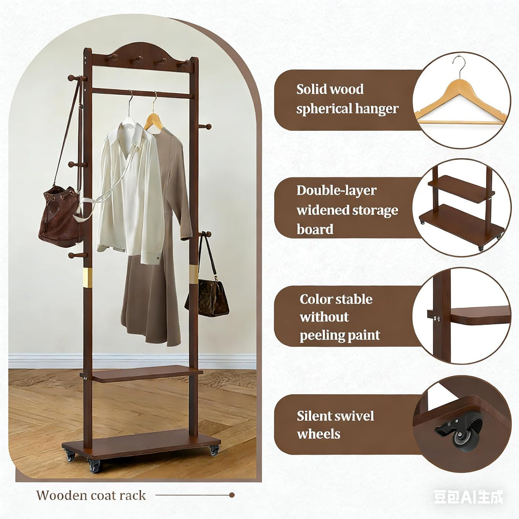 Solid Wood Clothing Rack, 2 Shelves Storage & 9 Hooks Heavy Duty Coat Rack Freestanding Wheels Clothes Rack Coat Tree Stand Hat Hanger Rack for Home Corner, Walnut