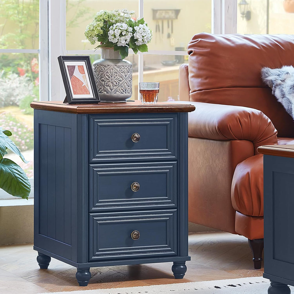 RWYHG 18' Farmhouse Nightstand Set 2 with Charging Station and USB Port, Blue Night Stand with 3 Drawers, Wood Bedside End Table with Storage, Bed Side Tables for Bedroom Living Room and Closet