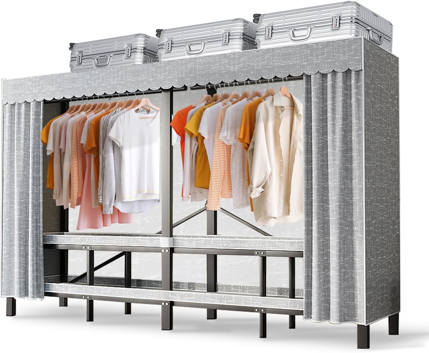 Portable Wardrobe Closet, Collapsible Clothes Rack, Freestanding Garment Rack with Cover, Large Rolling Garment Rack for Hanging Clothes, Coat Storage Organizer (Grey, 49.2in/125cm)