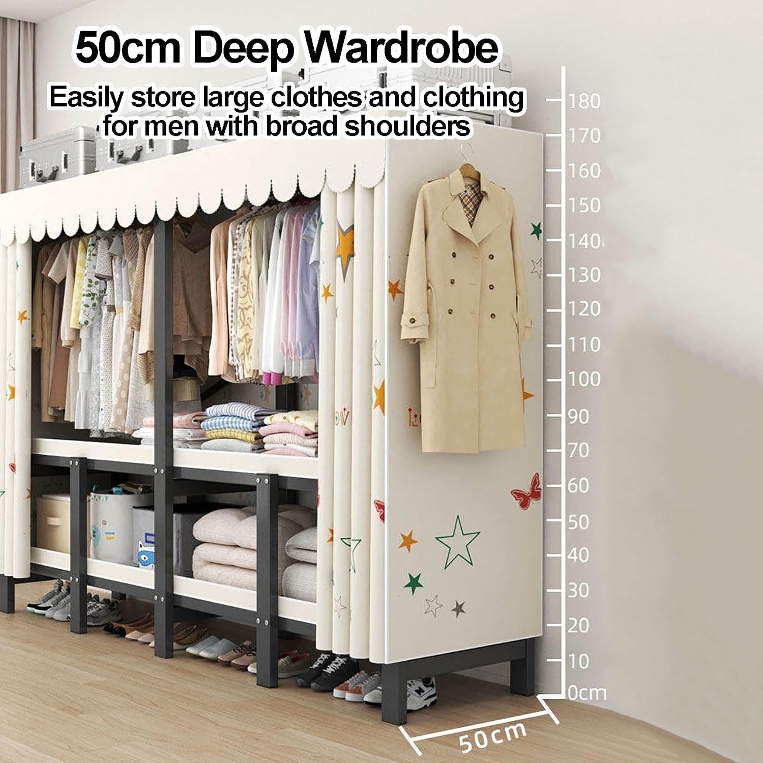 Foldable Wardrobe Closets For Hanging Clothes, Heavy Duty Garment Rack With Cover, Freestanding Covered Metal Clothes Rack, Organizer Enclosed Covered Armoires(Blue,170x50x170cm)