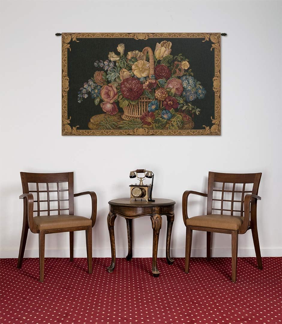 Charlotte Home Furnishings Italian Tapestry Wall Hanging 24x 42 in Flower Basket Black Wall Art Floral Tapestry for Bedroom Aesthetic Living Room and Home Decor European Soft Cotton Jacquard Woven