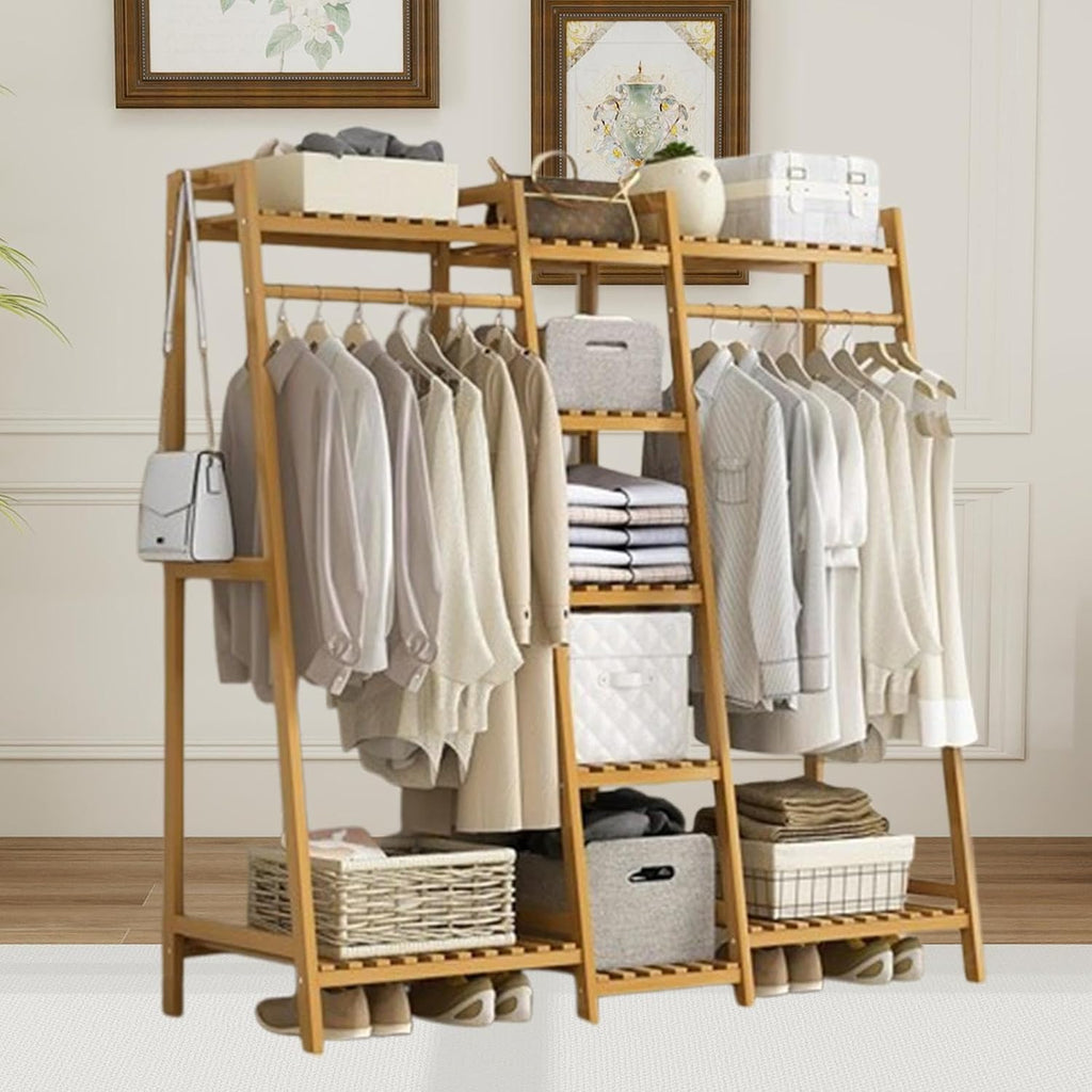Clothing Rack for Hanging Clothes Shoe Storage Portable with Shelf Bamboo Garment Rack for Bedroom Living Room Home Skirts