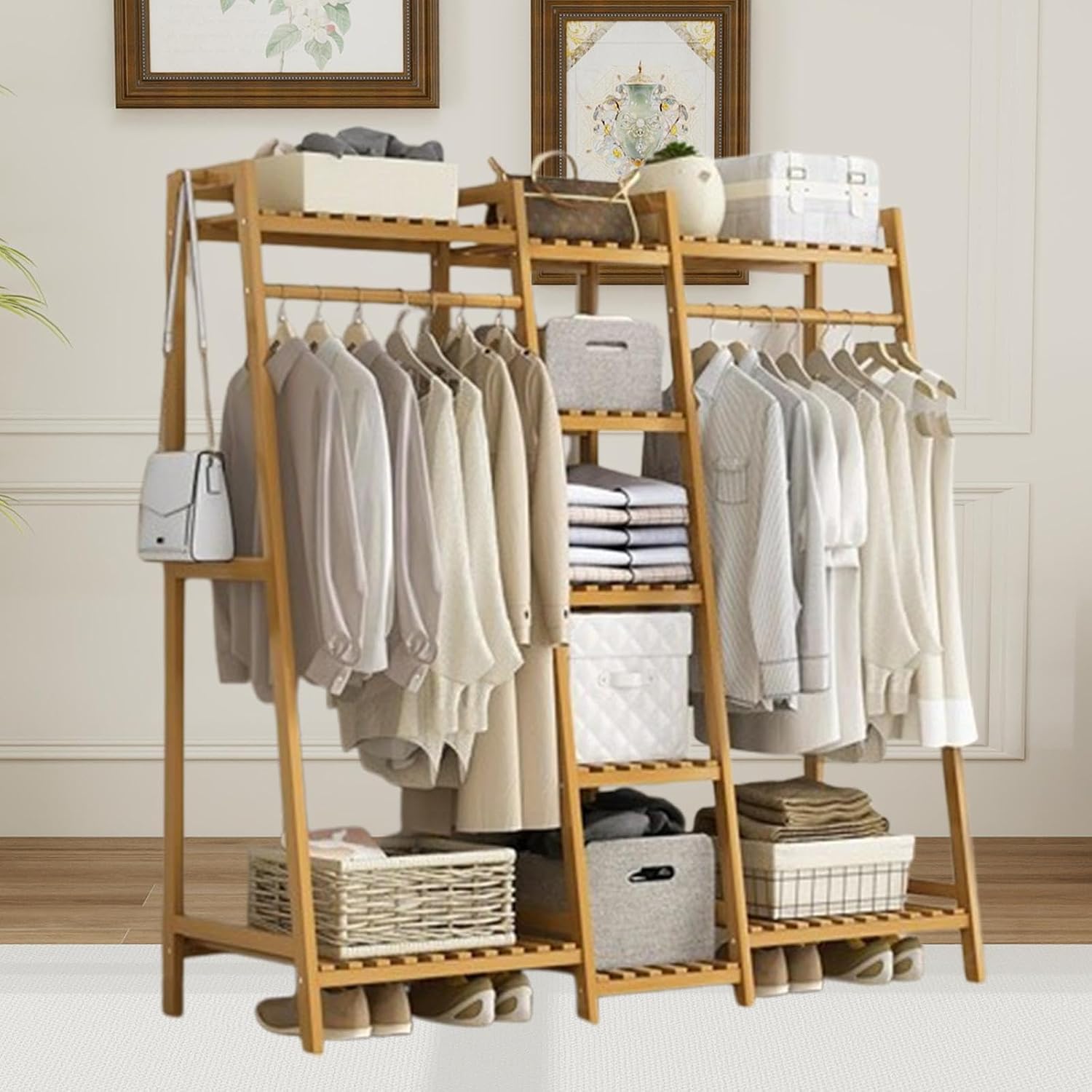 Clothing Rack for Hanging Clothes Shoe Storage Portable with Shelf Bamboo Garment Rack for Bedroom Living Room Home Skirts