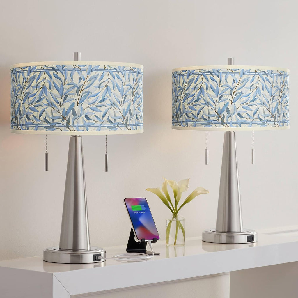 Giclee Glow Vicki 23' High Small Modern Accent Table Lamps Set of 2 USB Port Pull Chain Silver Brushed Nickel Finish Metal Blue Amity Shade Living Room Charging Bedroom Bedside Nightstand House