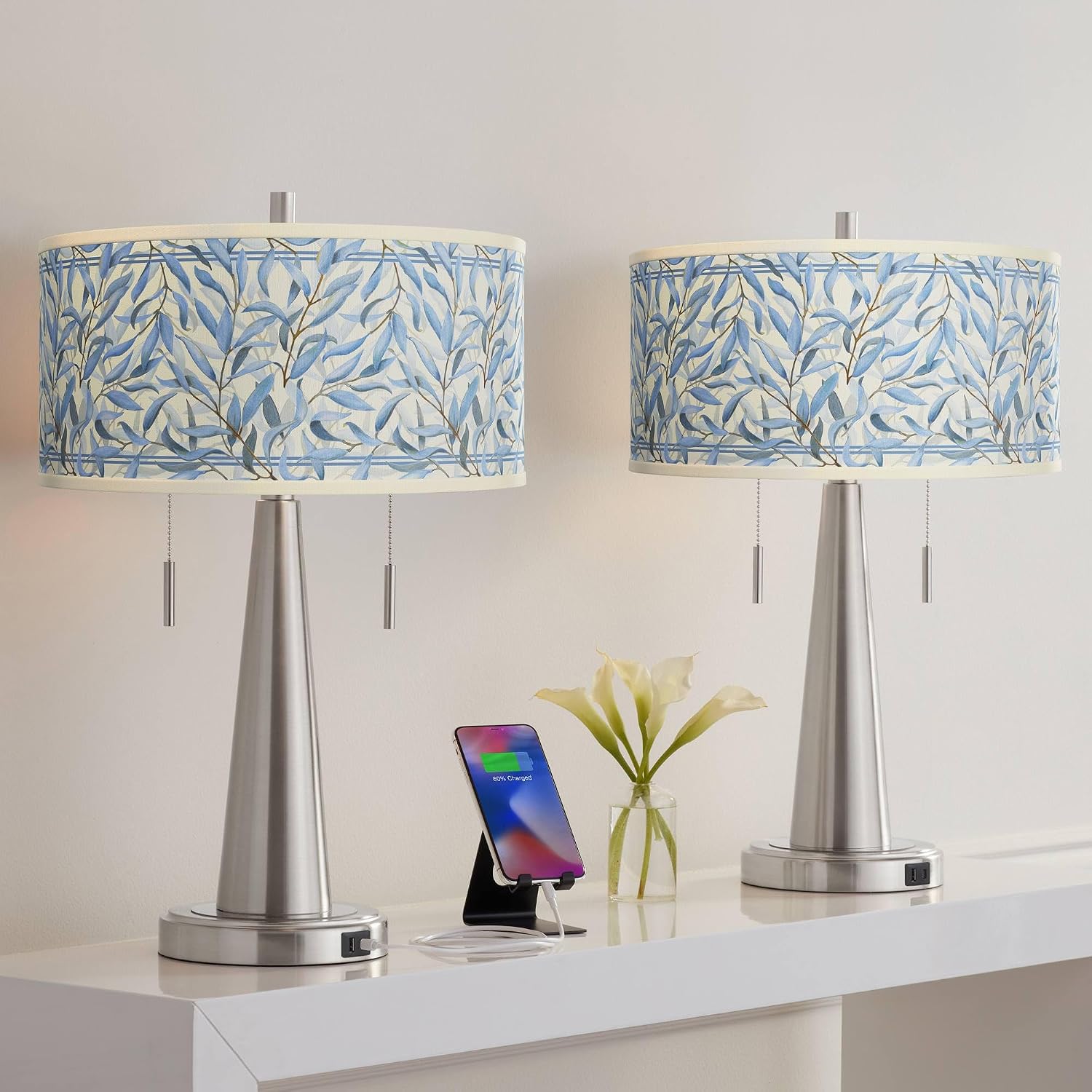 Giclee Glow Vicki 23' High Small Modern Accent Table Lamps Set of 2 USB Port Pull Chain Silver Brushed Nickel Finish Metal Blue Amity Shade Living Room Charging Bedroom Bedside Nightstand House