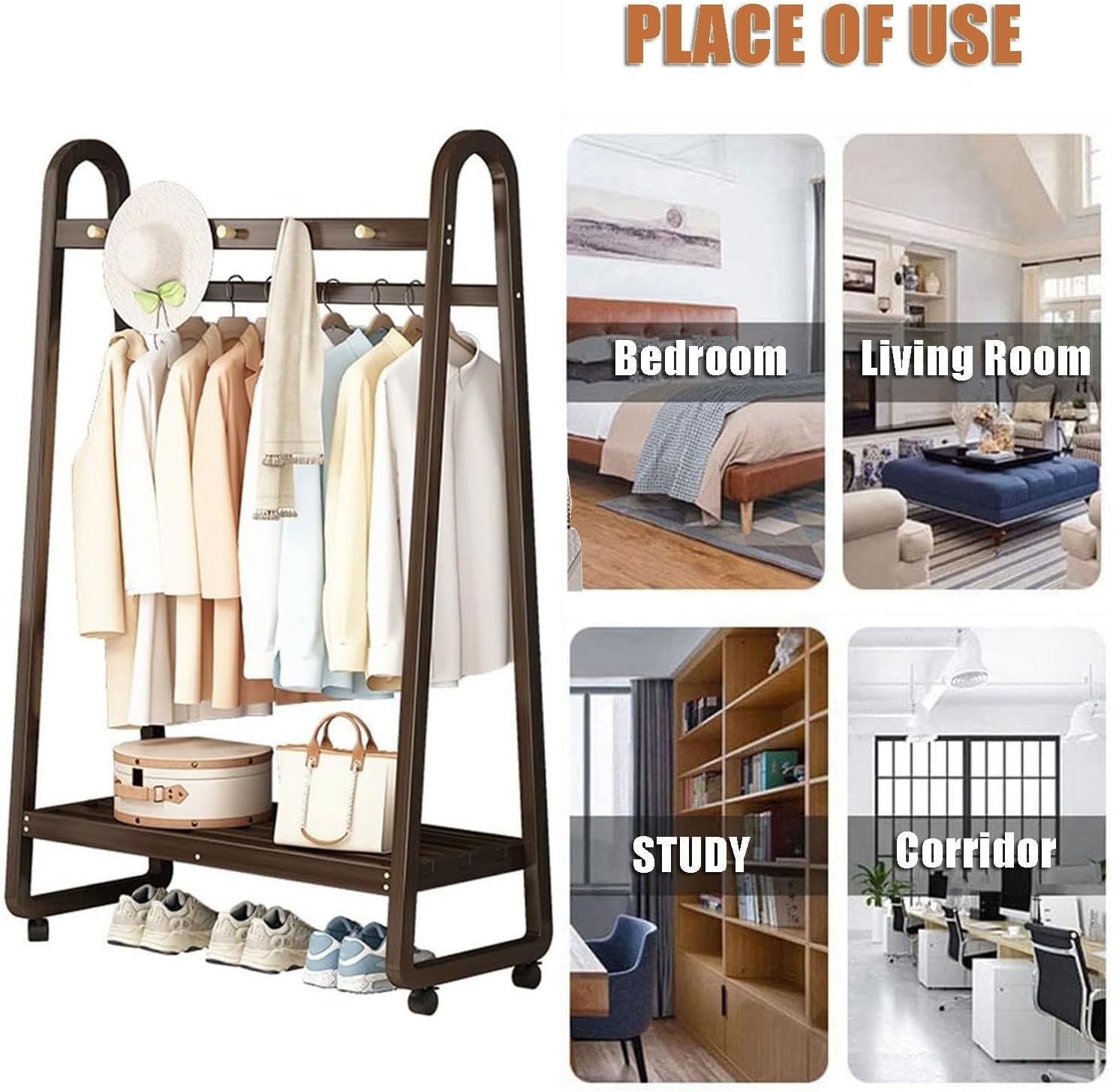 Movable Multifunctional Coat Rack on Wheels with 3 5 Hooks Bamboo Shoe Storage Shelf & Garment Stand for Bedroom Living Room 50CM Wooden Clothes Hanging Rail