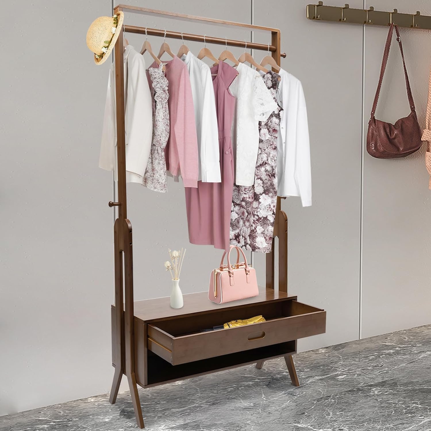 Bamboo Garment Rack Freestanding Closet Organizer, 83.5x33x169.5cm Coat Rack with Storage Shelf, Multifunctional Clothes Hanging Stand for Bedroom Entryway, Freestanding Clothing Storage Organizer