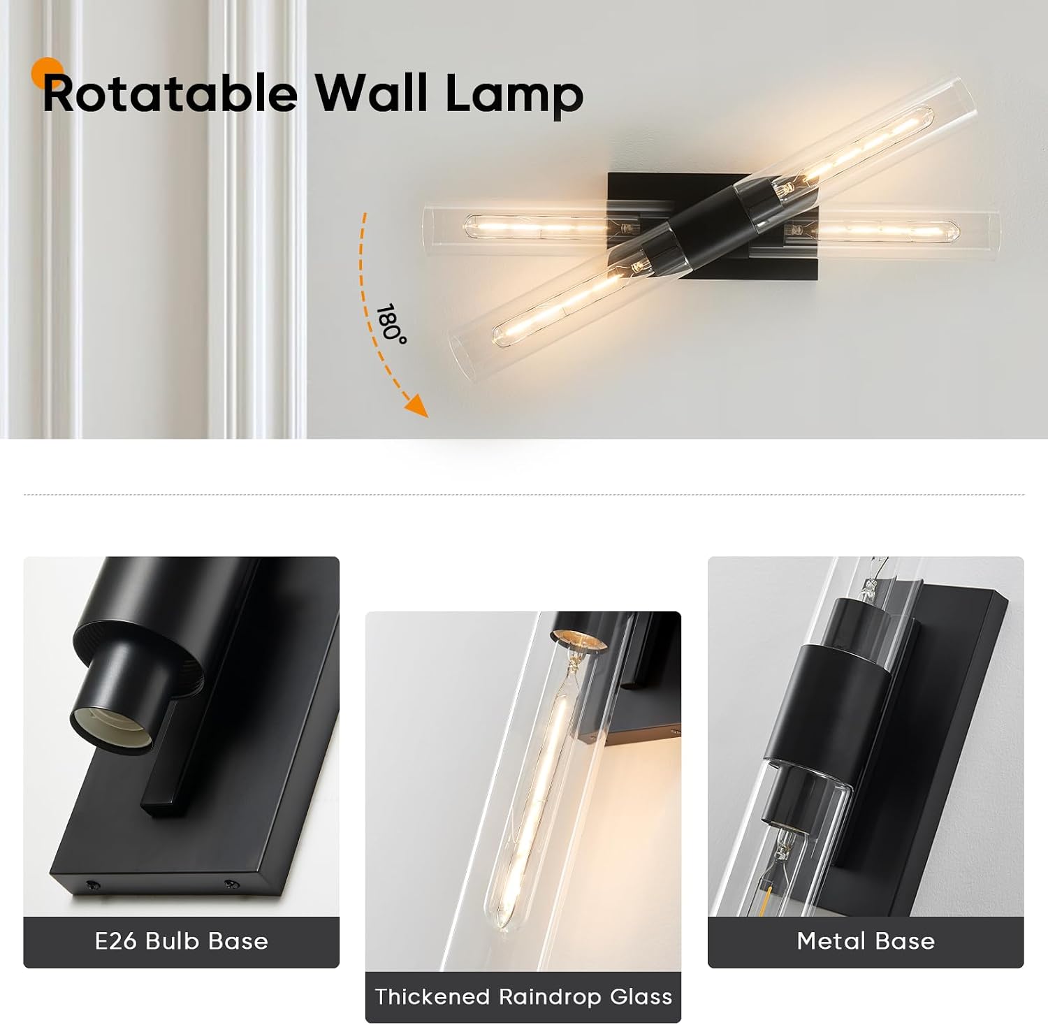 24.8' L Wall Sconces Set of 2, Black Wall Lights Fixtures Morden Cylinder Wall Light for Bathroom Vanity Light Indoor Wall Mounted Lamps for Living Room,Bedroom,Hallway
