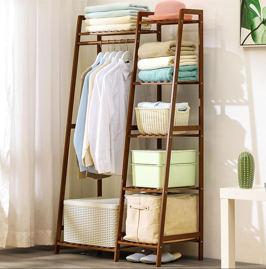 Bamboo Garment Rack,Heavy Duty Coat Clothes Hanging Rack Storage Shelf,Free-Standing Wardrobe Closet Organizer, Multi-Functional Bedroom Clothing Racks,B-80cm