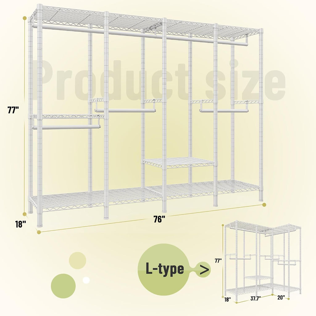 Raybee Clothing Racks for Hanging Clothes,Heavy Duty Clothes Rack with Shelves,Portable Closet Adjustable,76' W x 77' H x 18' D,Max Load 1150lbs,White