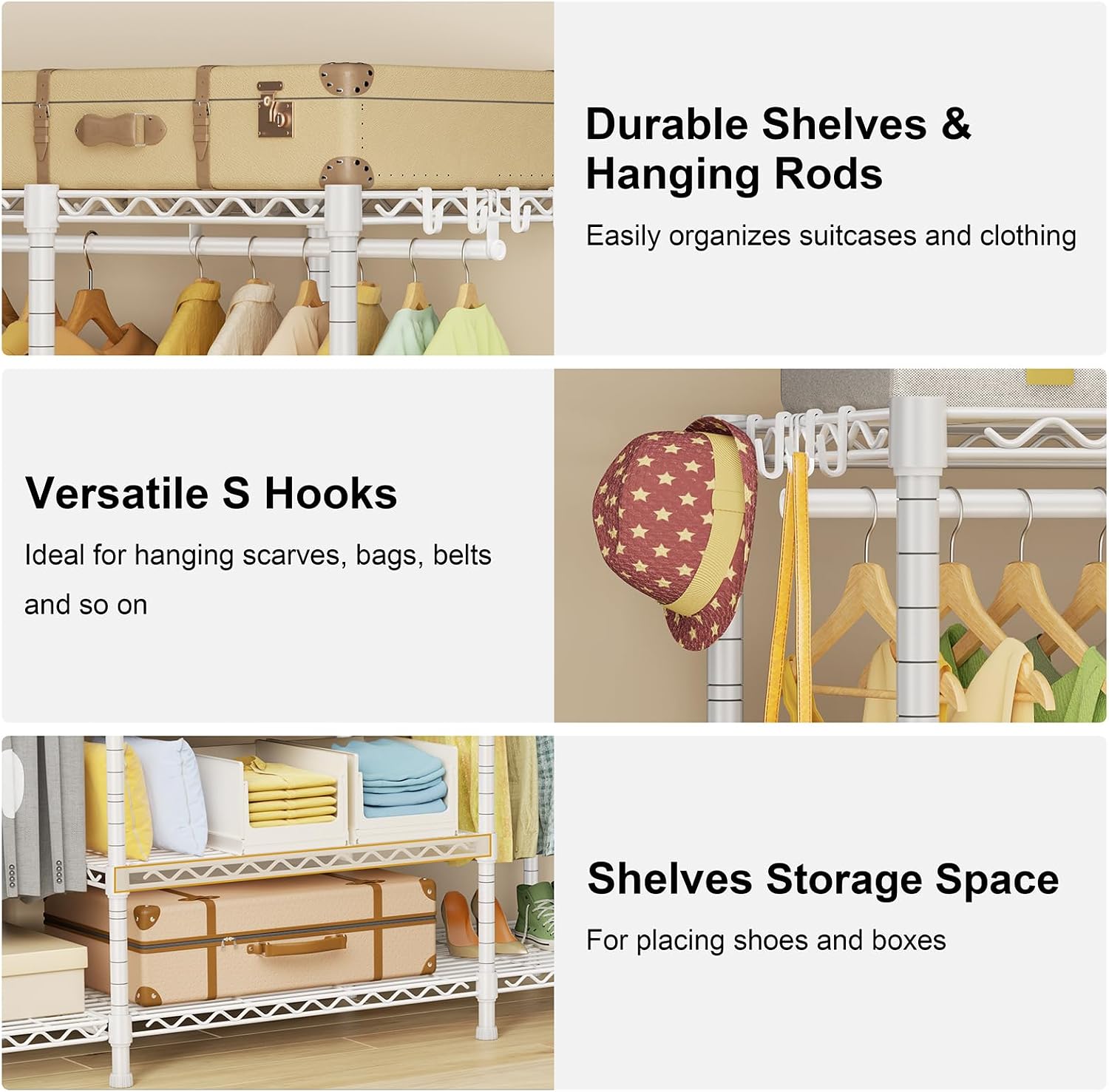 Ulif E3 Heavy Duty Garment Rack, 4 Tiers Freestanding Closet Organizer System with 5 Shelves, Metal Closet Organizer and Storage System for Clothes, Max Load 850lbs, 58.4'W x 15.7'D x 77.3'H, White
