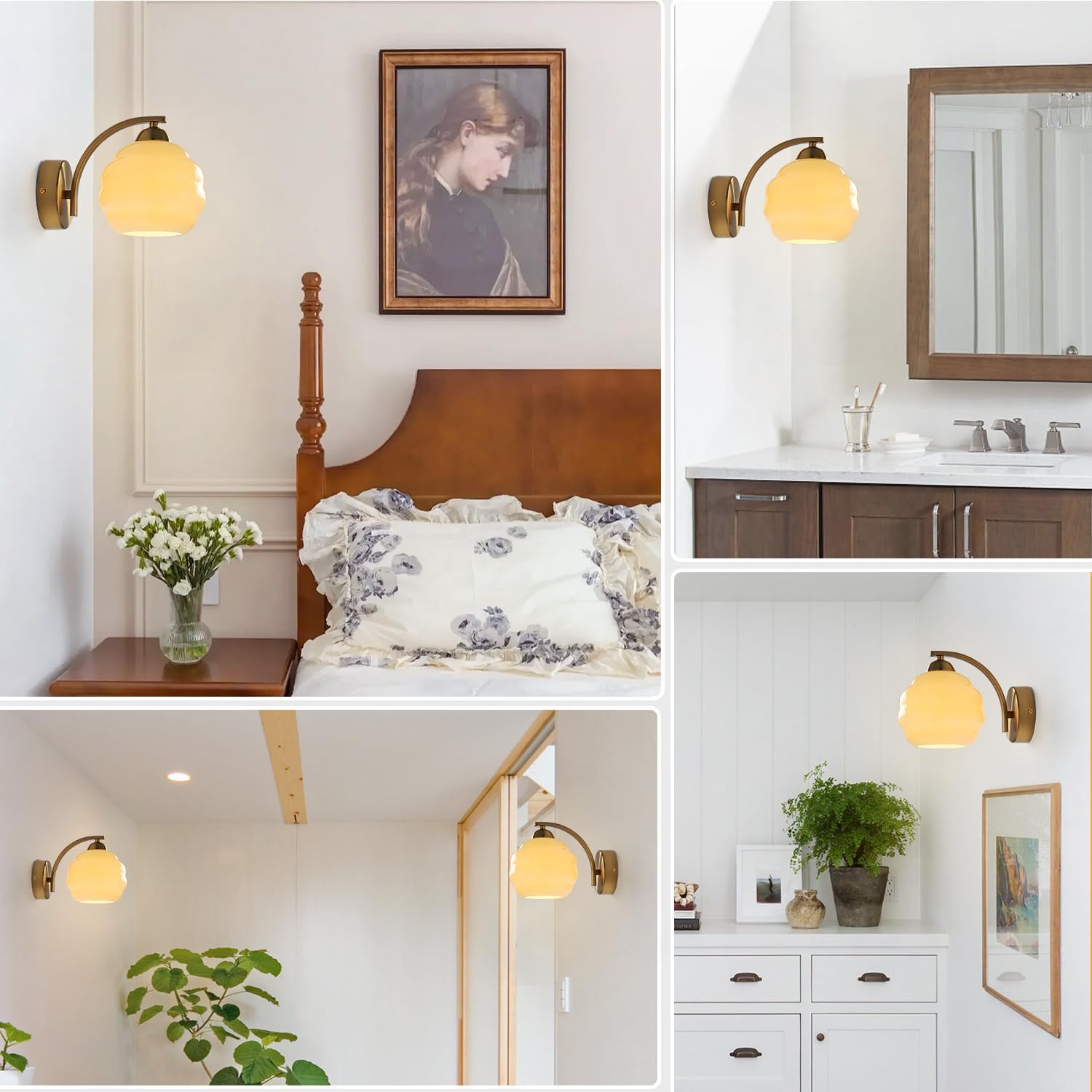 Vintage Brass Wall Sconces Set of Two Modern Brushed Gold Wall Light Fixtures Bathroom Vanity Sconce Lights with Yellow Glass Shade Wall Lamp for Living Room Bedroom Hallway MCL13GD-2 (2 Pack)