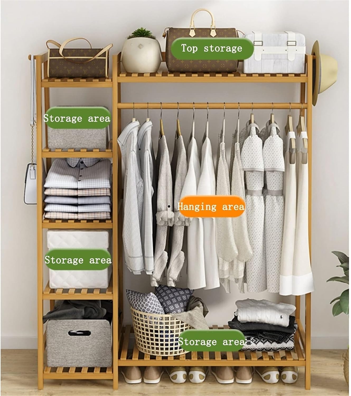 Bamboo Shoe Bench Coat Stand Rack Hanger Organizer with Heavy Duty Garment Rack Standing Closet Storage Open Wardrobe for Hanging Clothes and Storage 130Cm,OneColor