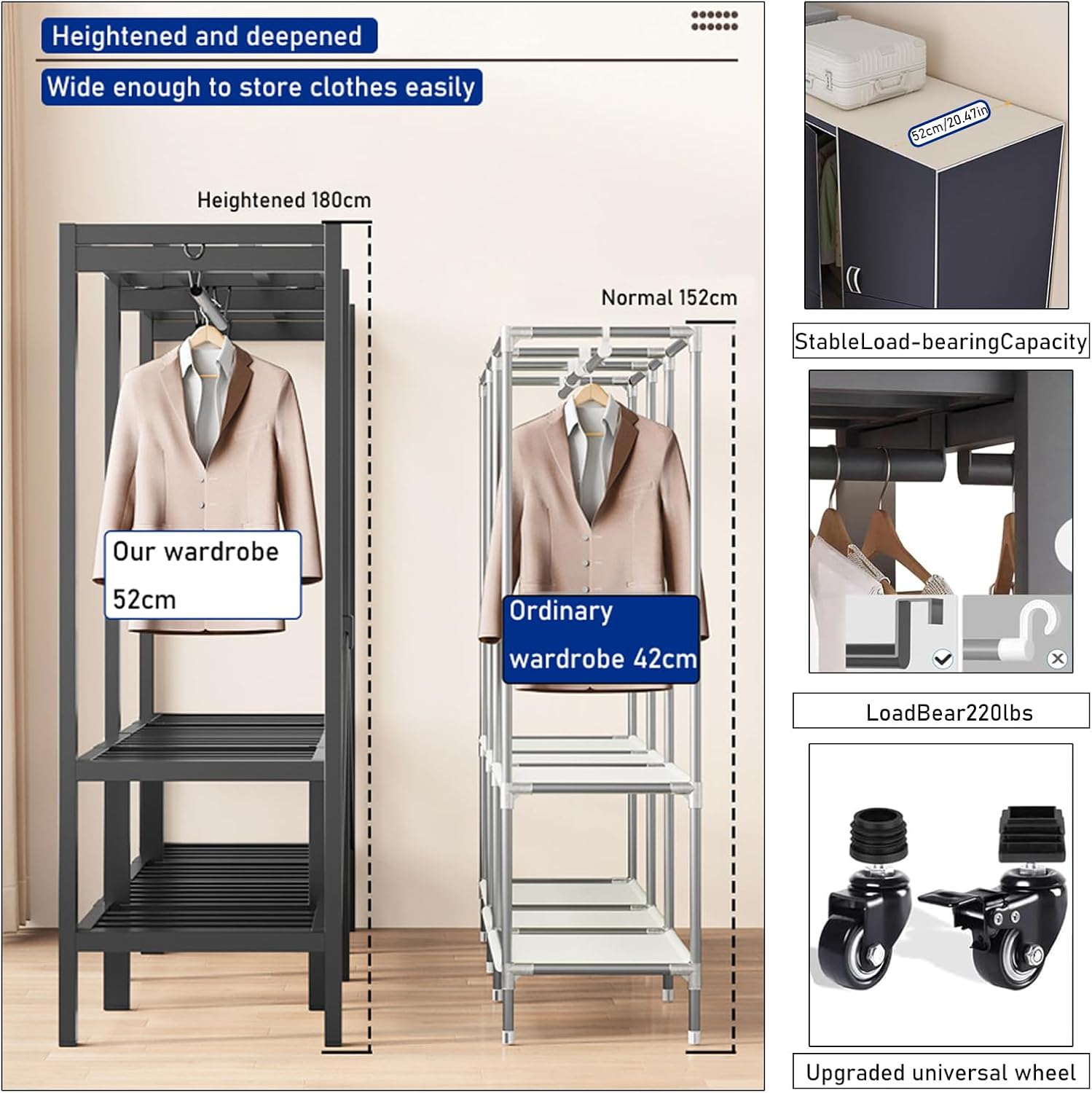 Heavy Duty Clothes Rack with Magnetic Door, Load 1500lbs, Foldable Portable Wardrobe Closet, Hanging Clothing metal Garment Rack Closet System for Bedroom,Apartments,rentals(Navy blue KT, 100cm/39in)