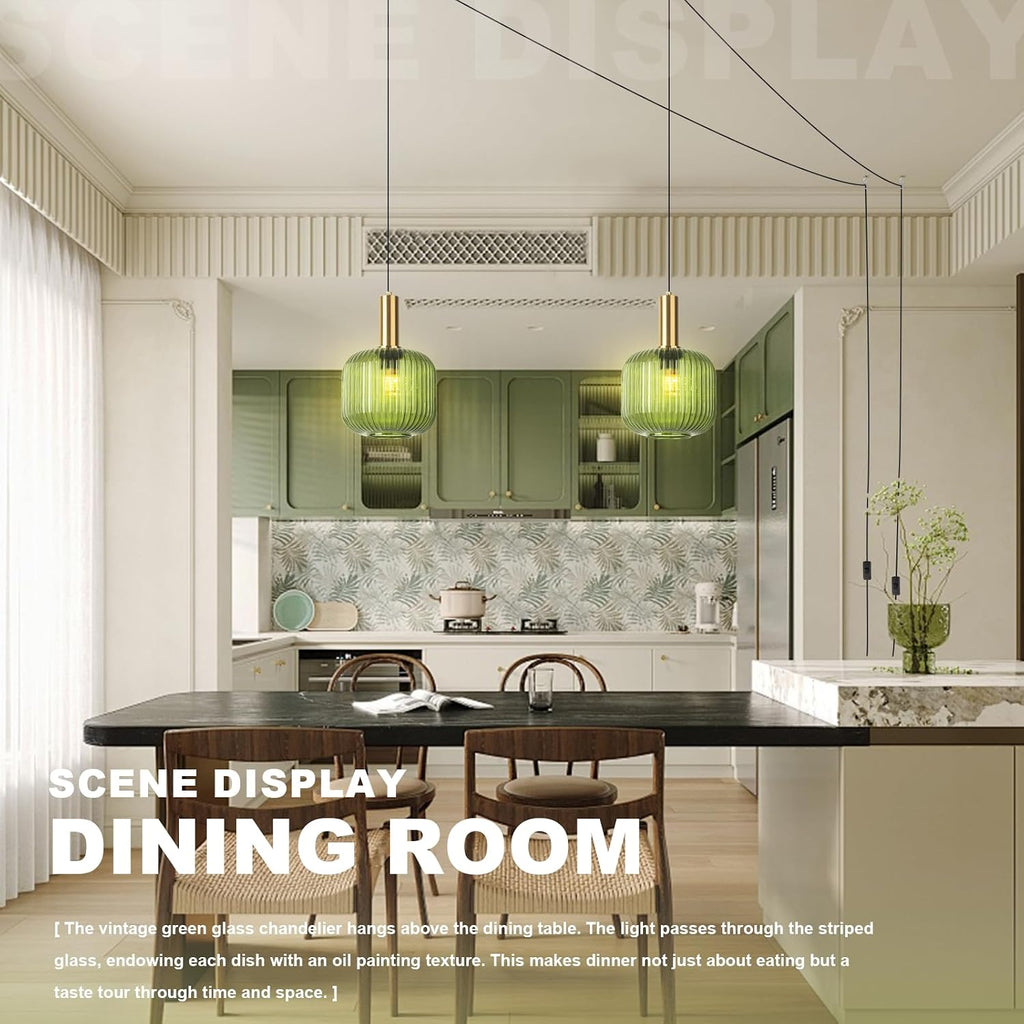 2 Pack Plug in Pendant Light for Living Room, 9.8' Green Glass Ceiling Hanging Lamp Lantern Shade Gold Mid Century Hanging Lamp for Kitchen Island Dining Room Bedroom