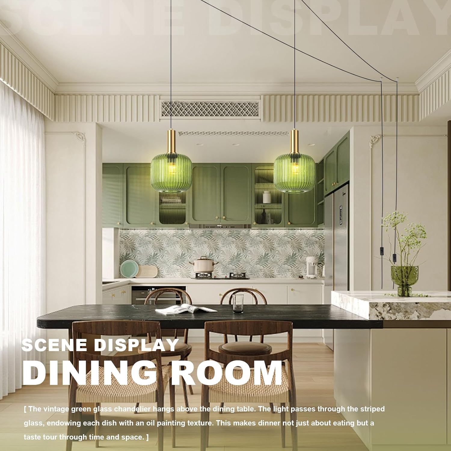 2 Pack Plug in Pendant Light for Living Room, 9.8' Green Glass Ceiling Hanging Lamp Lantern Shade Gold Mid Century Hanging Lamp for Kitchen Island Dining Room Bedroom