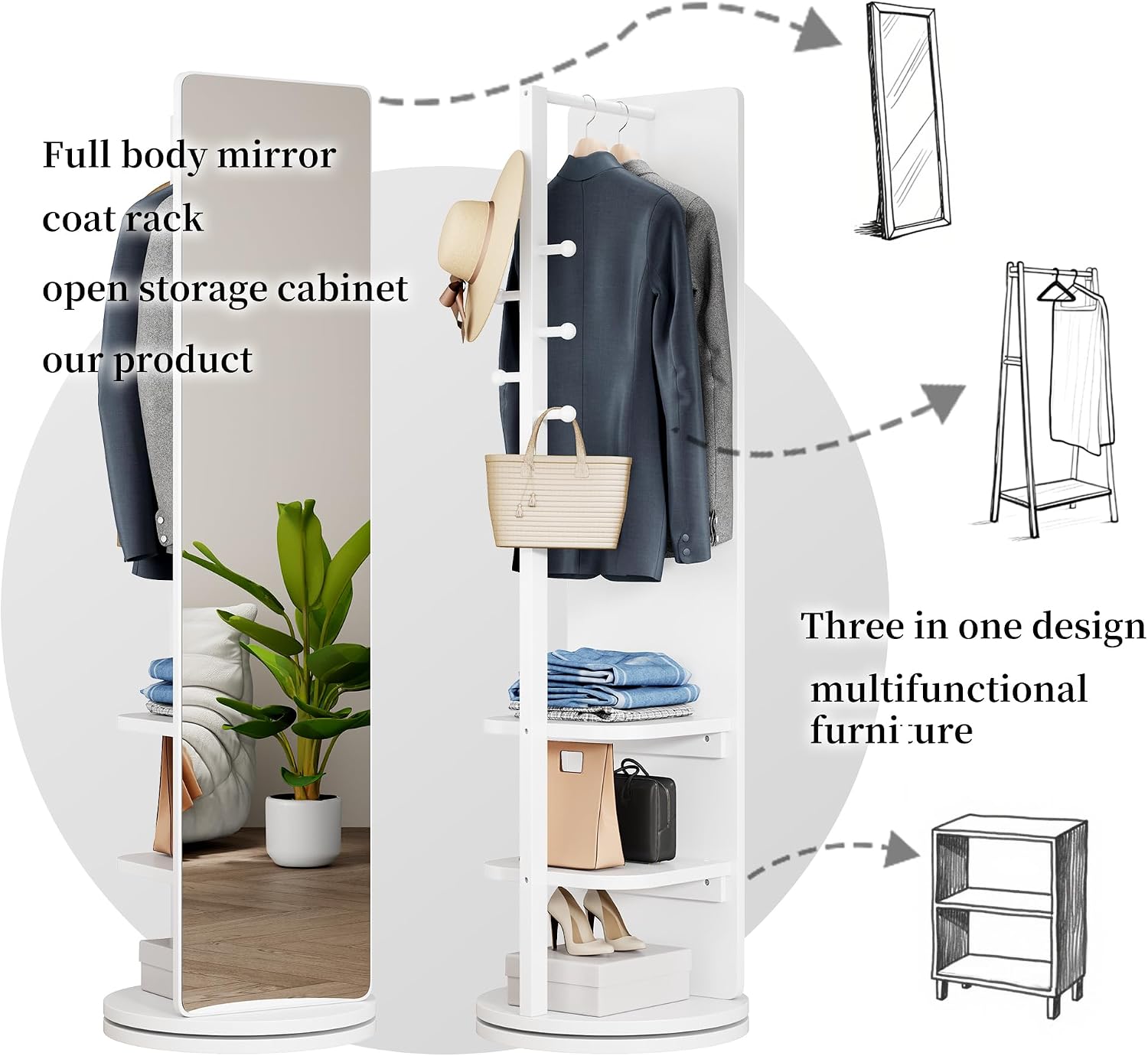 CHANCEE 360° Rotating Full-Length Mirror with Storage, 69'x16' Solid Wood Freestanding Coat Rack with Hooks, Space-Saving for Bedroom, Living Room, Cloakroom (White)