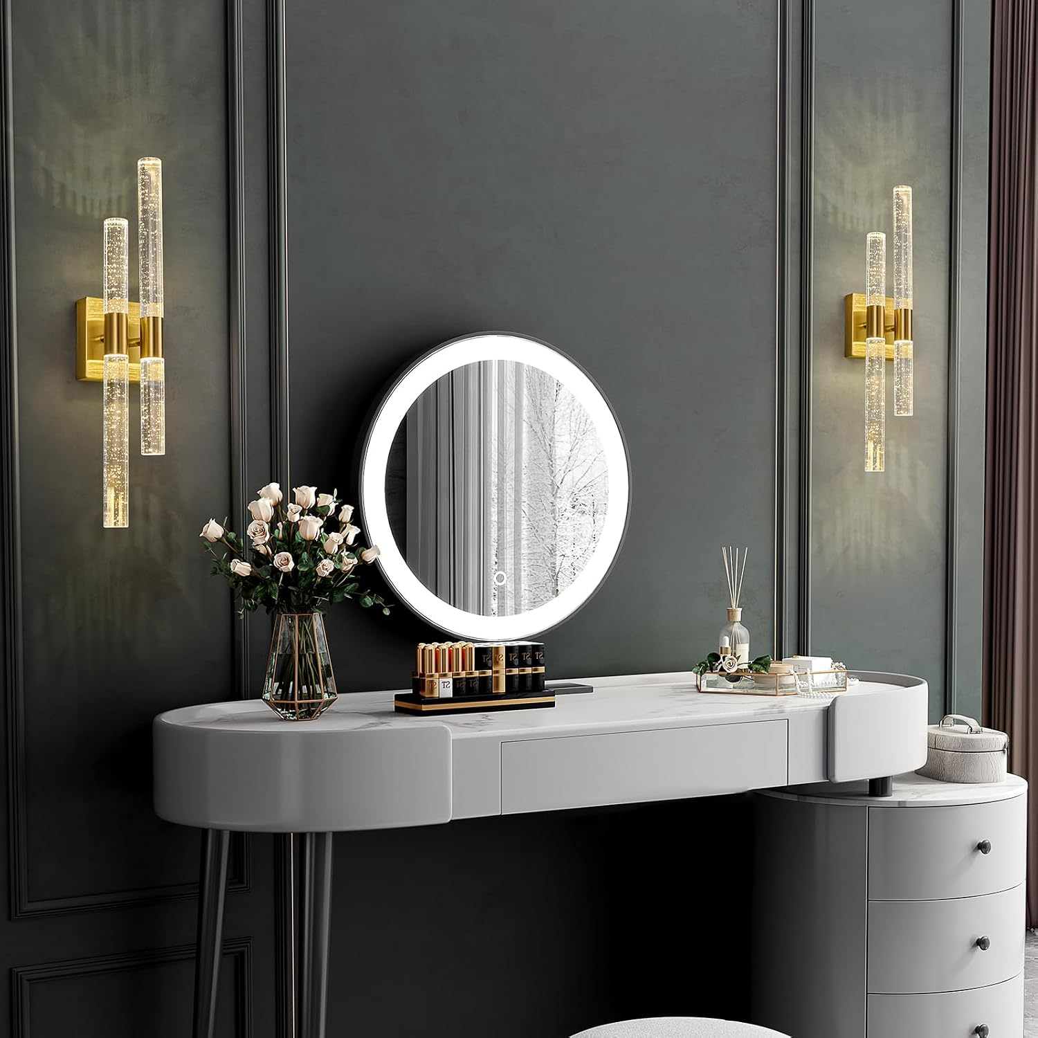 Crystal Wall Sconces Set of Two LED Bathroom Vanity Light Fixtures Gold 21.25in 4000K Vertical and Horizontal Wall Mounted Sconces for Bedroom, Living Room, Hallway