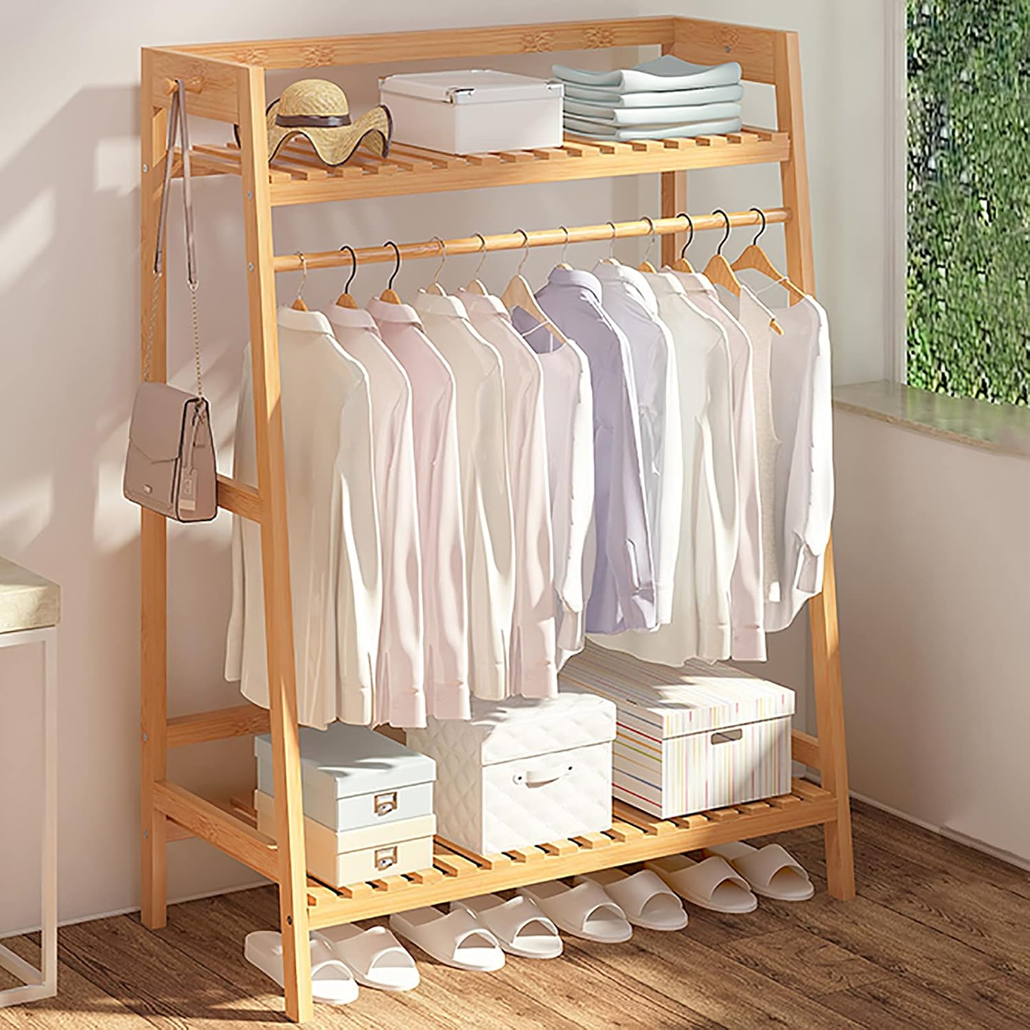 Bamboo Garment Rack,Multi-Functional Clothes Rack,with top Shelf and Shoe Clothing Storage Organizer Shelves,for Bedroom Entryway Hanging Clothes