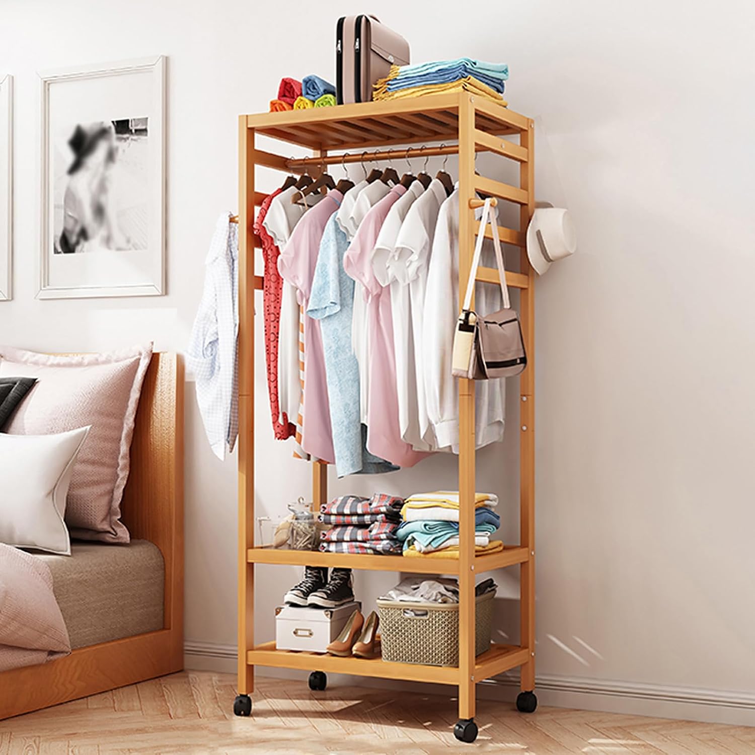 Bamboo Garment Rack Clothes Shelf Shoes Storage with 4 Hooks, Top Rod, 3 Storage Shelves, Wheels, Rolling Clothes Rack for Hanging Clothes, Clothing Racks Storage Organizer
