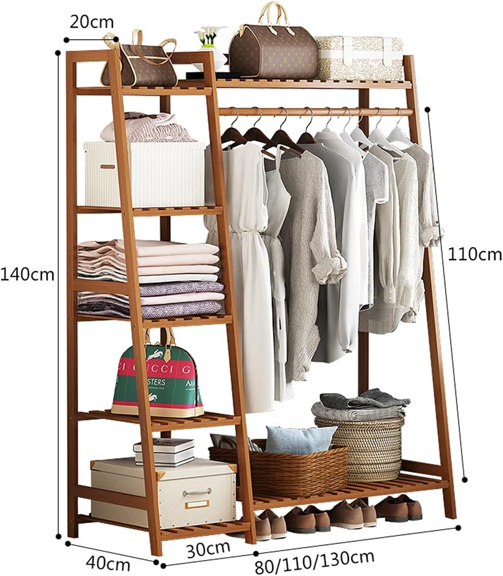 Coat Rack, Strong Bamboo Clothing Garment Rack With 6-Tier Shelves, Solid Wood Rod Hanging Clothes Rack Heavy Duty, Free-Standing Multifunctional Clothing Rack